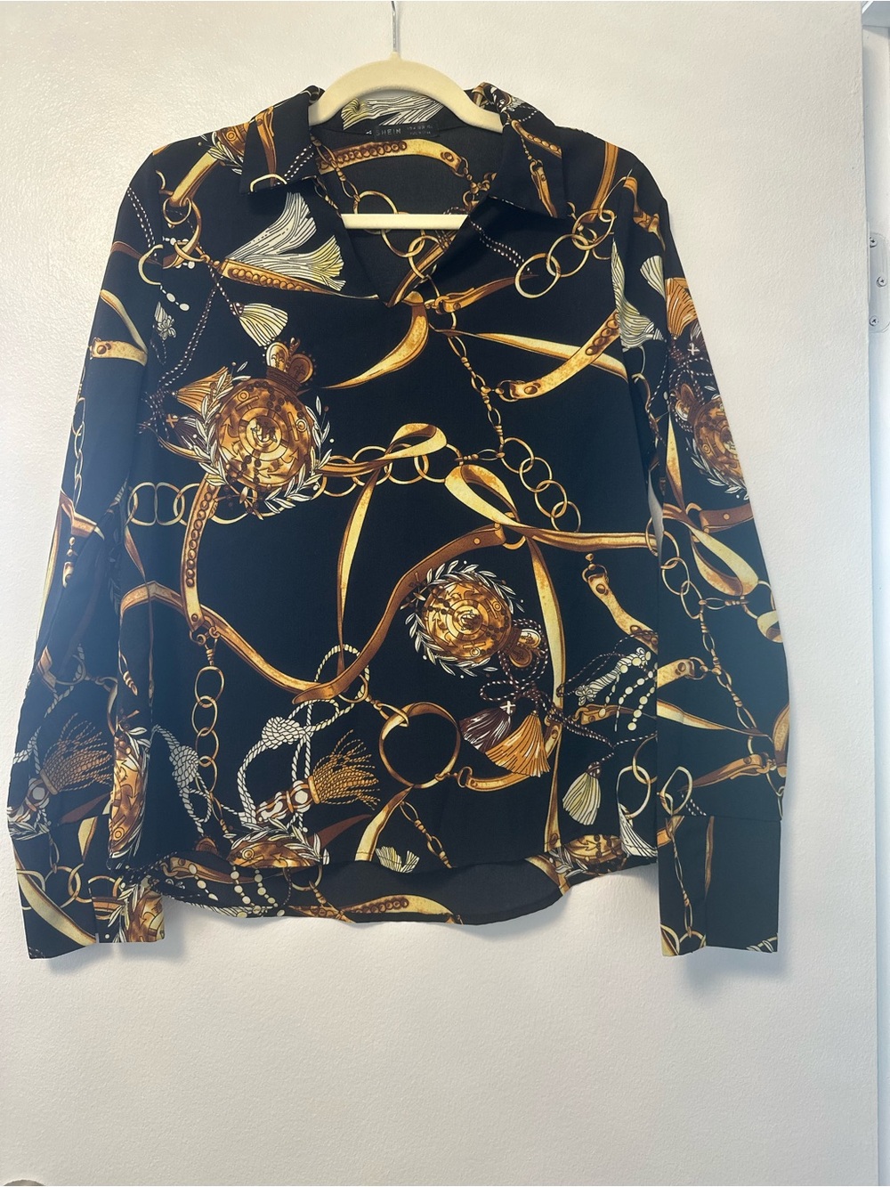 Women’s Black Button-Down Blouse with Gold Chain Print